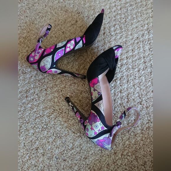 Emilio PUCCI purple floral Suede & silk open toe Stiletto Heels size 37.5 - Picture 7 of 14
